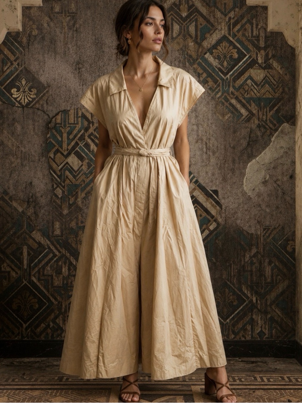 Anthropologie Cream Retro Style Wrap- Midi Dress 3XL